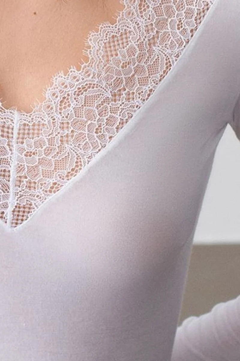 Dilvin White DILVIN Slim Fit V-Neck Lace Blouse for Women | Best Price UAE