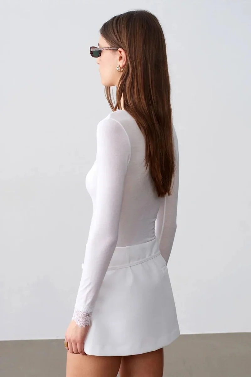 Dilvin White DILVIN Slim Fit V-Neck Lace Blouse for Women | Best Price UAE