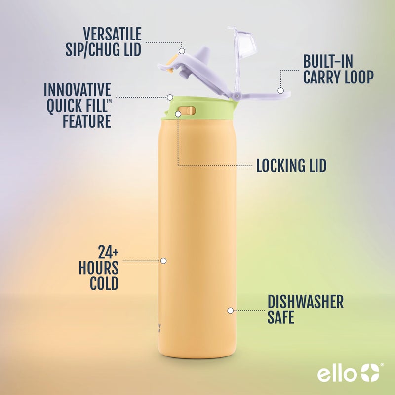 Ello Pop & Fill 22oz Stainless Steel Water Bottle with Quick Fill Technology, Double Walled and Vacuum Insulated Metal, Leak Proof Locking Lid, Sip and Chug, Reusable, BPA Free, Sunset Meadow - Image 2