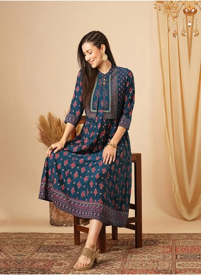 globus Globus Women Blue Allover Butti Print Panelled Pleated A-Line Midi Festive Dress With Sleeveless Detachable Koti by Styli