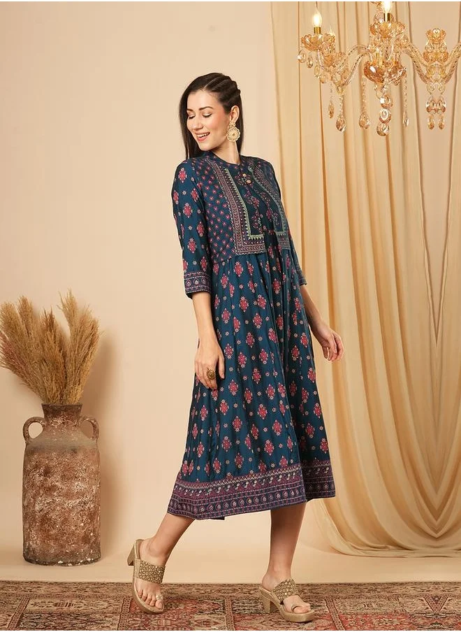 globus Globus Women Blue Allover Butti Print Panelled Pleated A-Line Midi Festive Dress With Sleeveless Detachable Koti by Styli