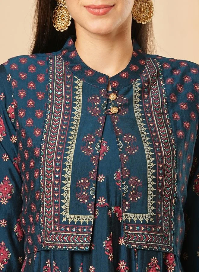 جلو باص فستان ميدي A-Line بطبعة شاملة من جلوبس مع كوتي بدون أكمام قابل للفصل