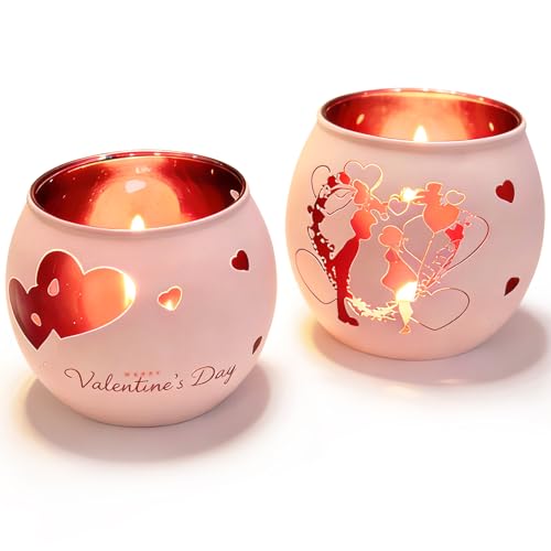 YumSur Heart Glass Tea Light Candle Holders, Votive Tealight Holder Table, Love Centerpiece Decorations for Valentines Wedding Party Decor (Pink-2) - Image 1