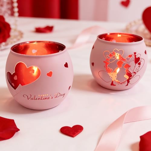 YumSur Heart Glass Tea Light Candle Holders, Votive Tealight Holder Table, Love Centerpiece Decorations for Valentines Wedding Party Decor (Pink-2) - Image 3