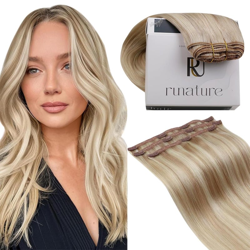 RUNATURE Blonde Clip in Hair Extensions Real Human Hair Real Human Hair Clip in Extenisons for Women Straight Natural Hair 18 Inch 50g 3pcs 18P60 Ash Blonde Highlights