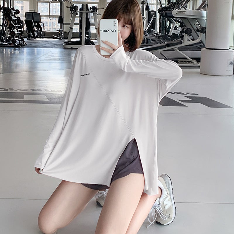 Generic 1 Split Sports Top plus size Sports Blouse Quick-drying T-shirt plus size Fitness Wear Long-sleeved Yoga Top Womens Loose White long sleeve 878 "regular] 
