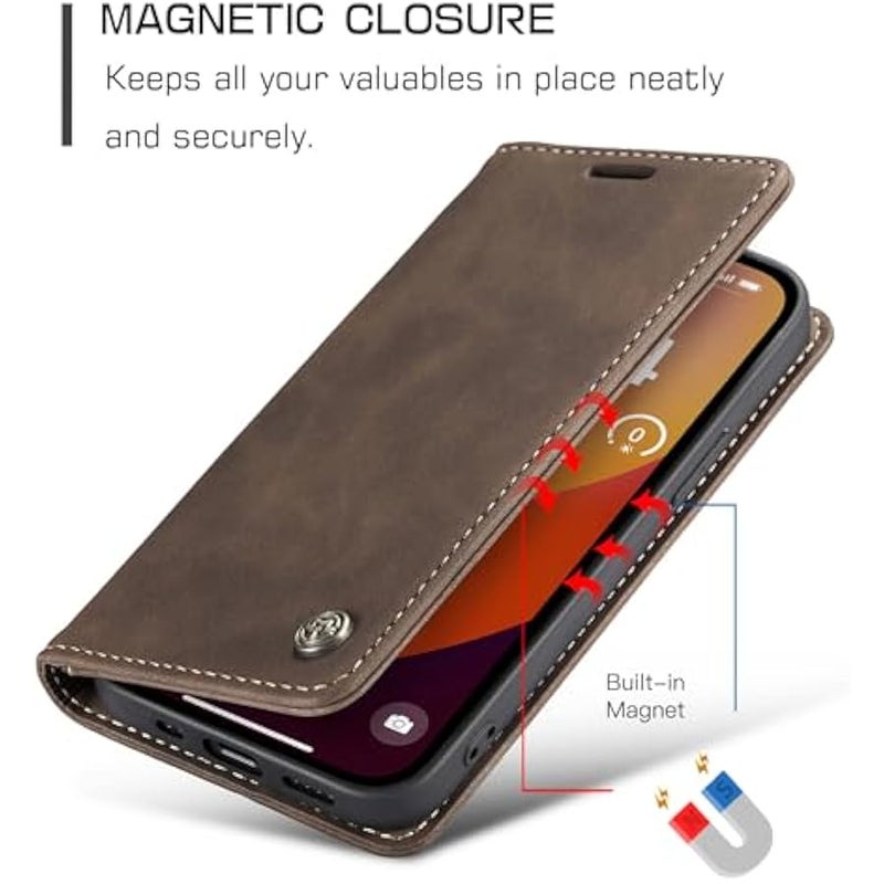 كيس مي غطاء محفظة CaseMe لهاتف iPhone 15 Pro Max، مصنوع يدوياً من جلد متين بأسلوب رجعي، مزود بإغلاق مغناطيسي، واقٍ ضد السقوط والصدمات، بغطاء قابل للطي مزود بحامل وبطاقات للجيب لهاتف iPhone 15 Pro Max (بني 1) - Image 3