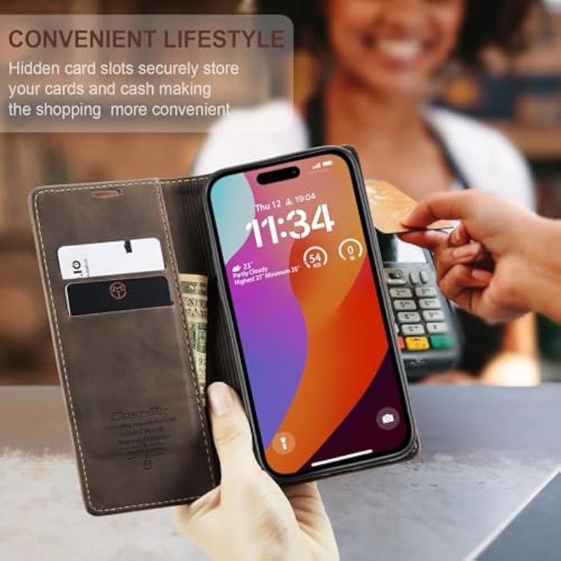 كيس مي غطاء محفظة CaseMe لهاتف iPhone 15 Pro Max، مصنوع يدوياً من جلد متين بأسلوب رجعي، مزود بإغلاق مغناطيسي، واقٍ ضد السقوط والصدمات، بغطاء قابل للطي مزود بحامل وبطاقات للجيب لهاتف iPhone 15 Pro Max (بني 1) - Image 4