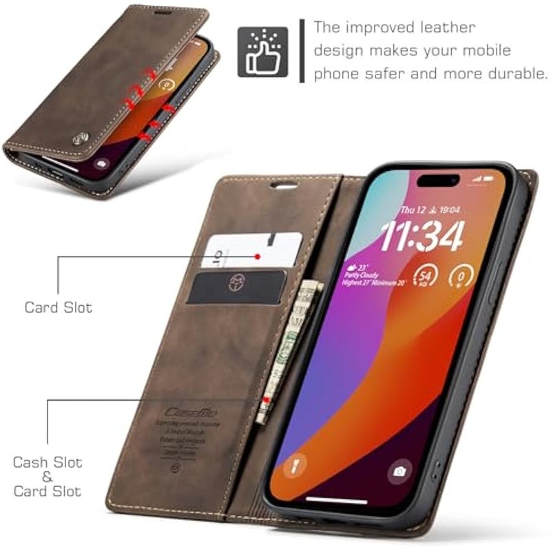 كيس مي غطاء محفظة CaseMe لهاتف iPhone 15 Pro Max، مصنوع يدوياً من جلد متين بأسلوب رجعي، مزود بإغلاق مغناطيسي، واقٍ ضد السقوط والصدمات، بغطاء قابل للطي مزود بحامل وبطاقات للجيب لهاتف iPhone 15 Pro Max (بني 1) - Image 2