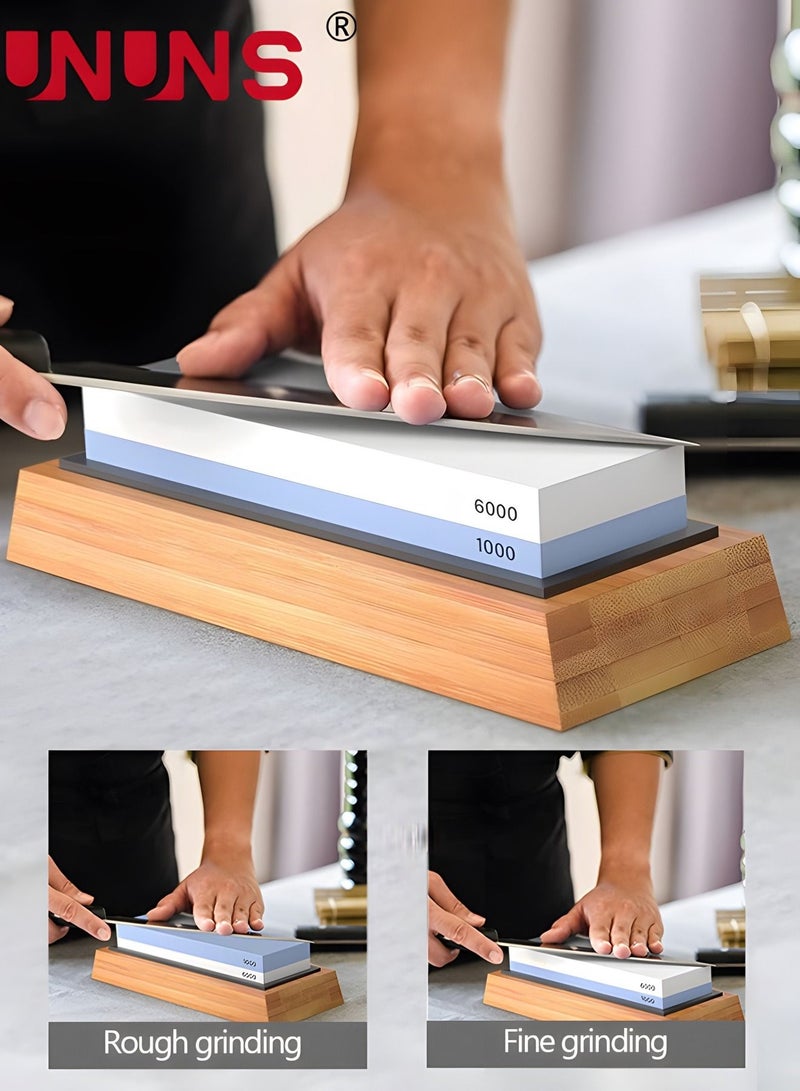 UNUNS Knife Sharpener,2 Side Grit 1000/6000 Whetstone Sharpening Stone With Non Slip Bamboo Base,Whetstone Knife Sharpener - Image 2
