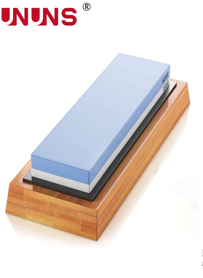 UNUNS Knife Sharpener,2 Side Grit 1000/6000 Whetstone Sharpening Stone With Non Slip Bamboo Base,Whetstone Knife Sharpener - Image 1