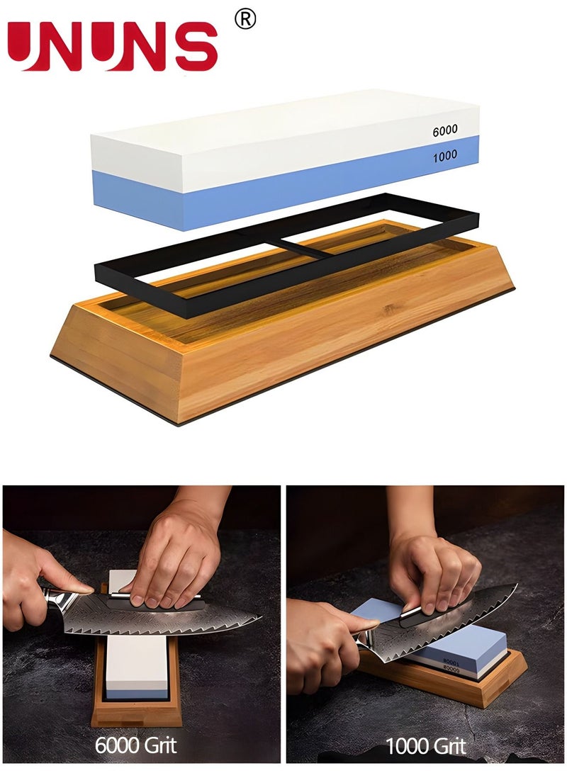 UNUNS Knife Sharpener,2 Side Grit 1000/6000 Whetstone Sharpening Stone With Non Slip Bamboo Base,Whetstone Knife Sharpener - Image 4