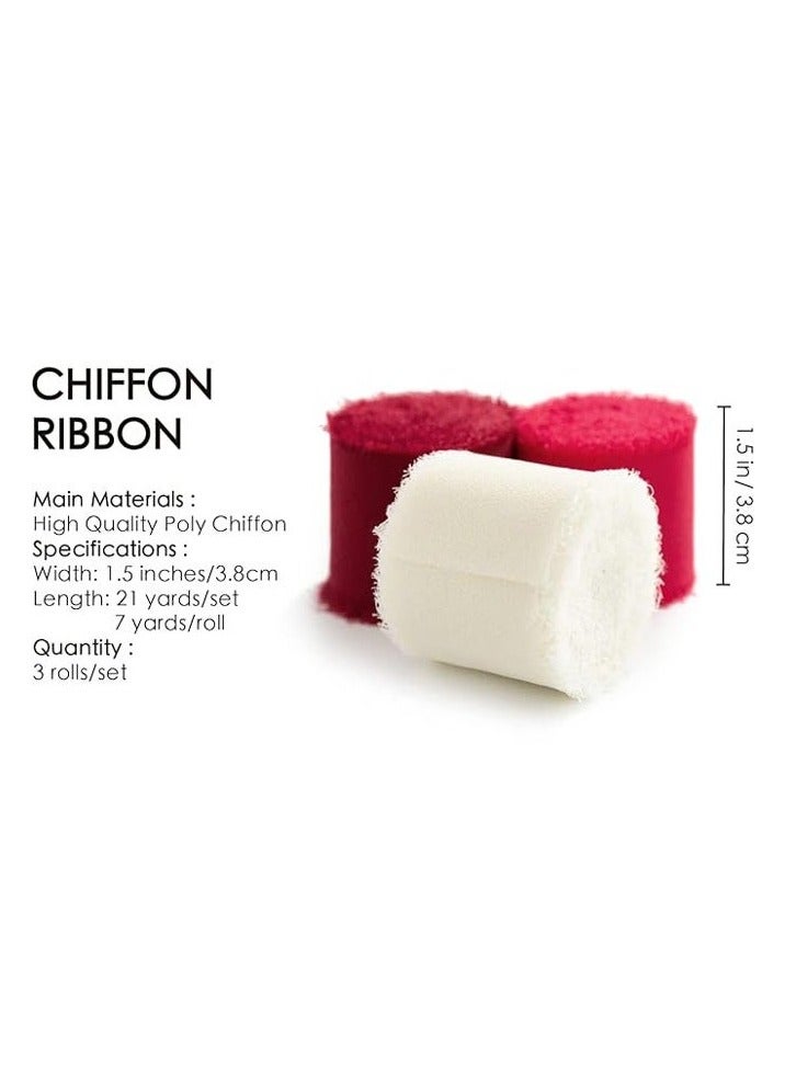 Generic 3 Rolls Handmade Red Chiffon Silk Ribbon 1 1/2 Inch Handmade Frayed Edge Burgundy & White Ribbons for Gift Wrapping Bridal Bouquets Baby Shower Wedding Invitations(4cm*5m)  - Image 2