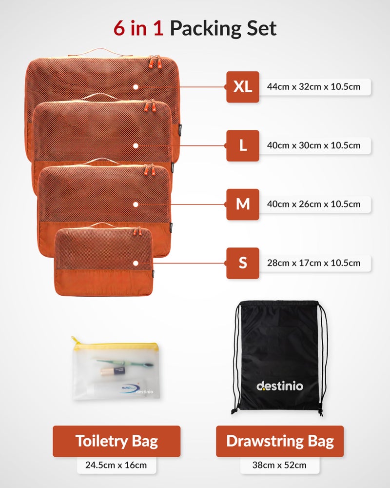 Destinio Packing Cubes for Travel, 6 in 1 Water Resistant Travel Organizer Pouch Set (4 Cubes+ Drawstring Bag+ Cosmetic Pouch), Luggage Suitcase Wardrobe Organiser Bags for Clothes Shoes (Rust) - Image 5