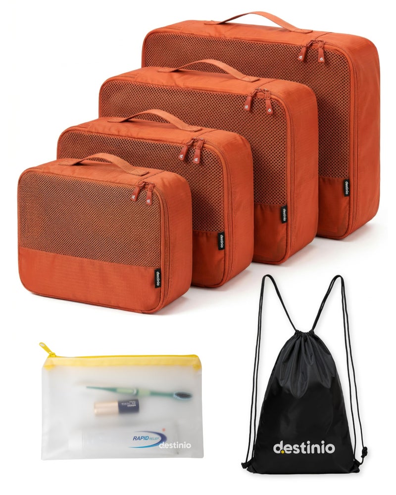 Destinio Packing Cubes for Travel, 6 in 1 Water Resistant Travel Organizer Pouch Set (4 Cubes+ Drawstring Bag+ Cosmetic Pouch), Luggage Suitcase Wardrobe Organiser Bags for Clothes Shoes (Rust) - Image 1