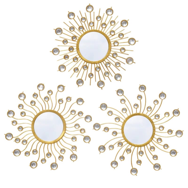 wotieuns Mirror Wall Decor Wall Mirrors Decorative Sunburst Boho Mirror Gold Mirror Wall Art Metal Decor Mirror Hanging Living Room Bedroom Bathroom Set of 3 - Image 2