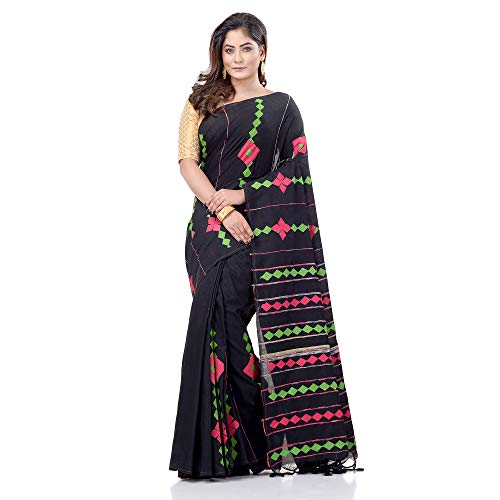 dB DESH BIDESH Women`s Bengali Khesh Mul Pure Cotton Handloom Saree With Blouse Piece Free Black - Image 1
