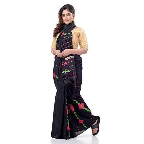 dB DESH BIDESH Women`s Bengali Khesh Mul Pure Cotton Handloom Saree With Blouse Piece Free Black - Image 4