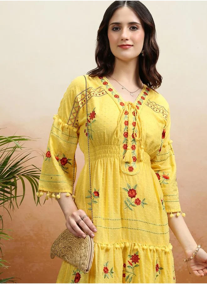 فيشود Embroidered V Neck Mini Dress with Pom-Pom Detail by Styli