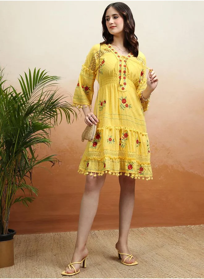 فيشود Embroidered V Neck Mini Dress with Pom-Pom Detail by Styli