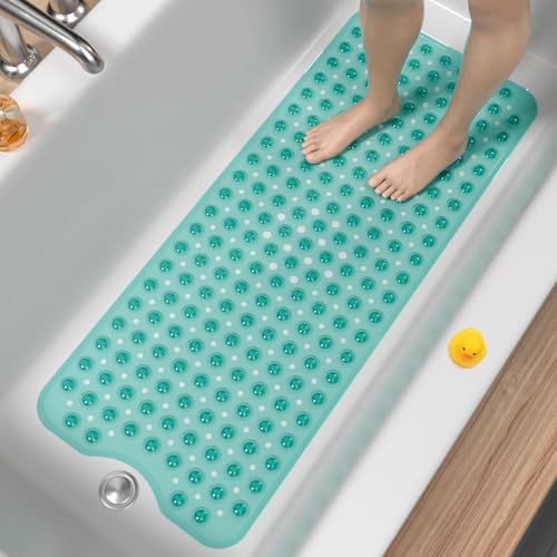 HITSLAM Bath Mat for Tub Non Slip Bathtub Mat 40 x 16 Inch Extra Long Bath Tub Mat Machine Washable Bathroom Shower Mat with Suction Cups and Drain Holes Soft on Feet Clear Green