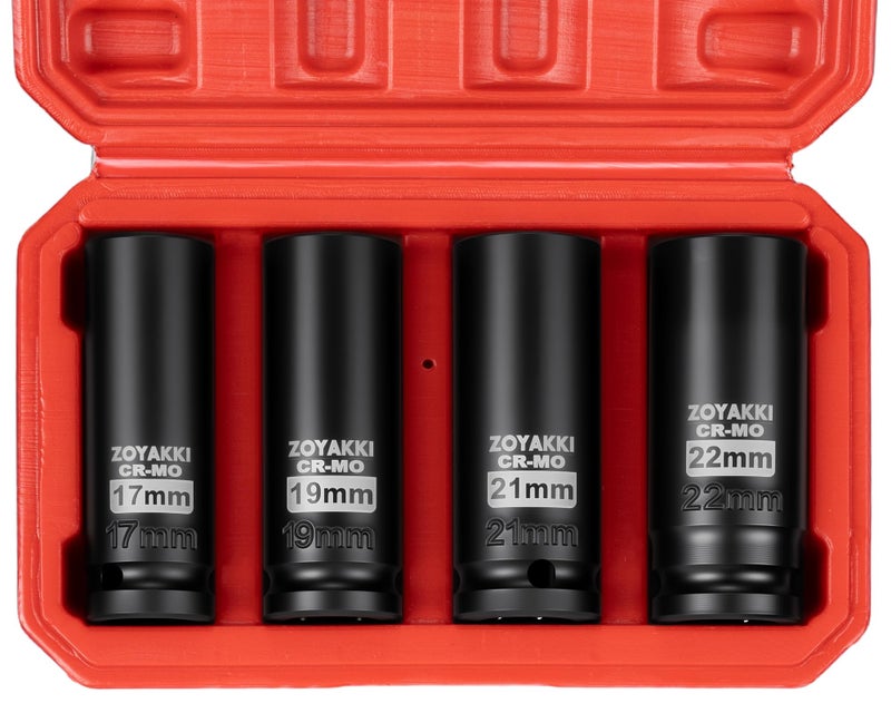 ZOYAKKI 4-Piece 1/2 Inch Drive Impact Socket Set,CR-MO Steel 6-Point Deep Socket,Metric 17-19-21-22mm Hexagon Deep Socket Set with Storage Box for Repair Mechanic Garage - Image 1