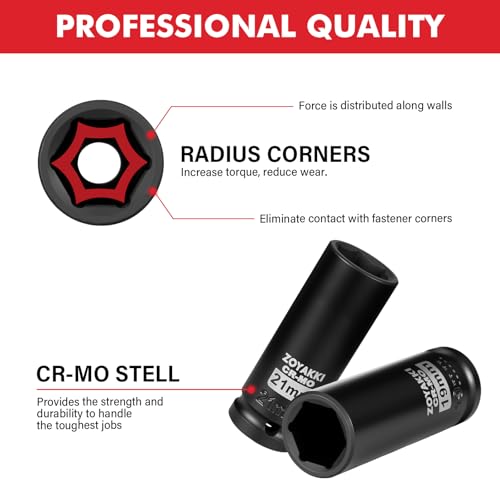 ZOYAKKI 4-Piece 1/2 Inch Drive Impact Socket Set,CR-MO Steel 6-Point Deep Socket,Metric 17-19-21-22mm Hexagon Deep Socket Set with Storage Box for Repair Mechanic Garage - Image 3