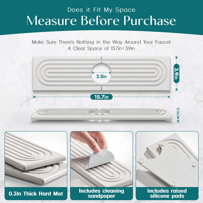 Eormoe Kitchen Sink Faucet Mat - 15.7in Diatomite Sink Protectors for Kitchen Sink, Stone Sink Splash Guard for Kitchen Counter Sink Accessories (Light Grey, 15.7'' x 3.9'') - Image 5