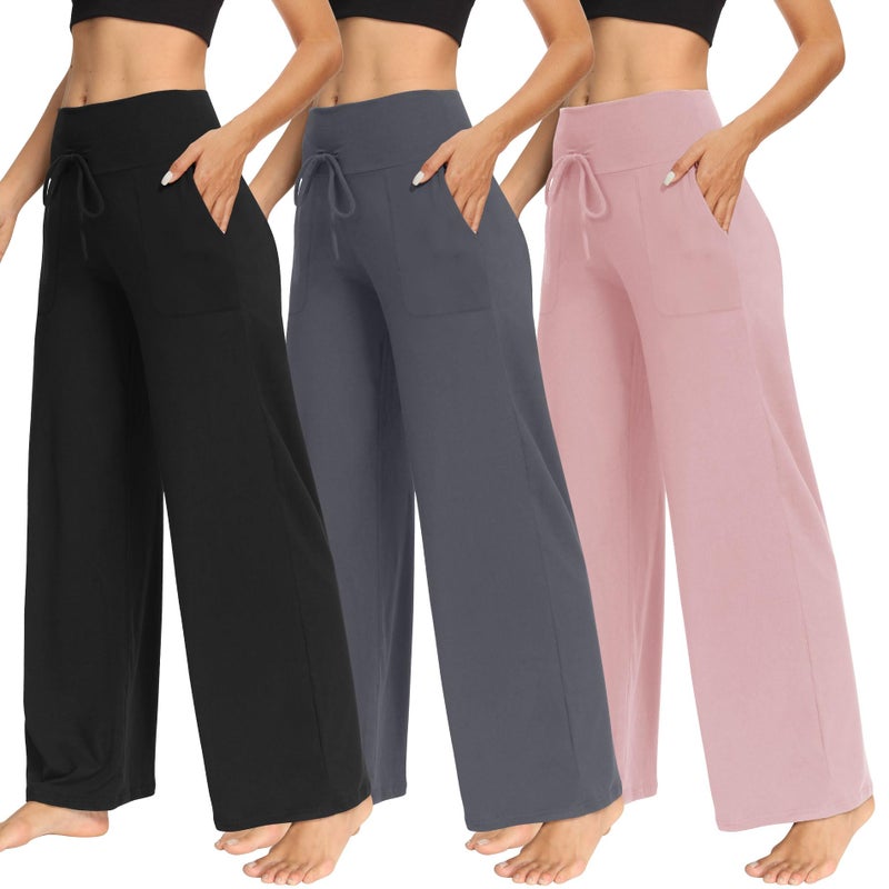 TNNZEET 3 Pack Women's Wide Leg Pants with Pockets - Casual Loose Yoga Trouser Pants Sweatpants Palazzo Lounge Pajama Pants - Image 1