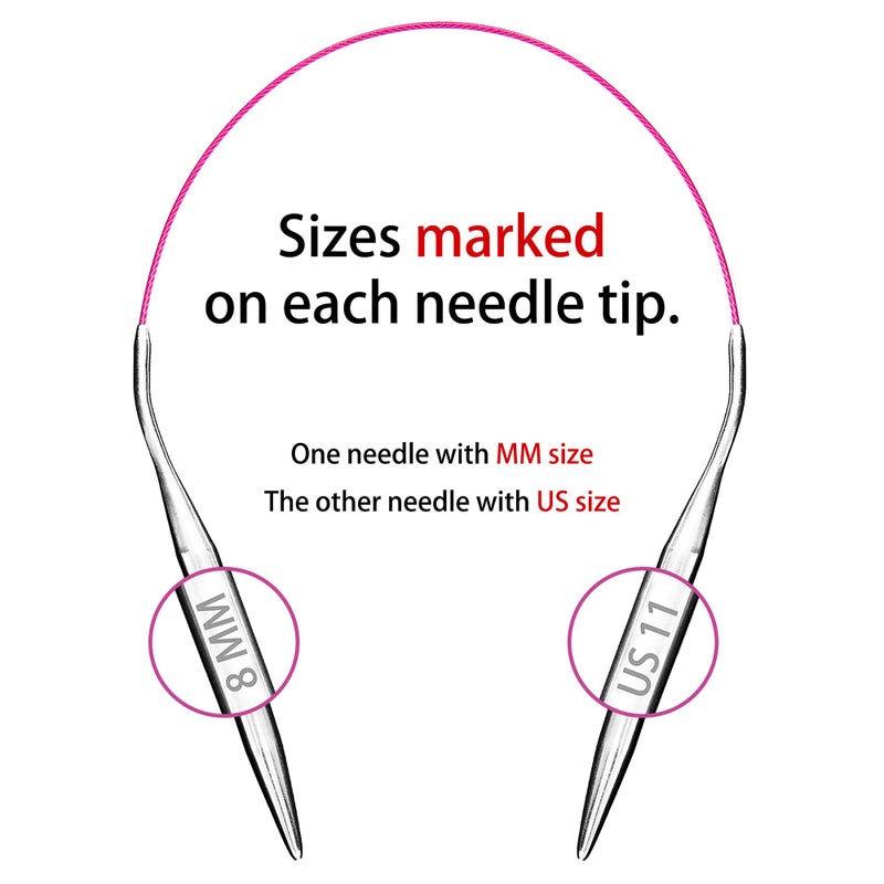 cuteDIY Size 11 Circular Knitting Needles 16 Inch Round Metal Kit (Etched US&mm, Color-Coded Cable, Smooth Join) - Image 4