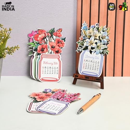 Gift Kya De GKD Paper Desk Calendar 2026 with Wooden Stand | Monthly Flip Calendar for Office, Home & Study Table | Aesthetic Floral Theme | Canning Jar Shaped | Eco-Friendly & Durable - Image 2