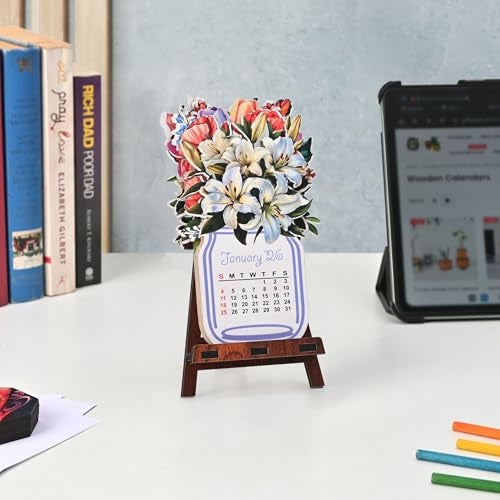 Gift Kya De GKD Paper Desk Calendar 2026 with Wooden Stand | Monthly Flip Calendar for Office, Home & Study Table | Aesthetic Floral Theme | Canning Jar Shaped | Eco-Friendly & Durable - Image 1
