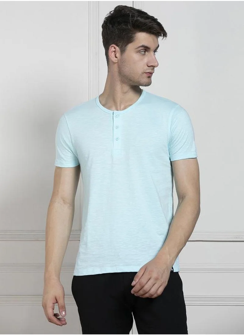 دينيس لينغو Men's Light Blue 100% Cotton Solid Regular Fit T-Shirt