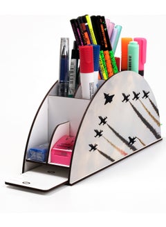 KutuTR Wooden Vip Flag and Airplanes Model Rainbow Ruler Desktop Pen Holder Organizer with Mounted Box  - Image 1