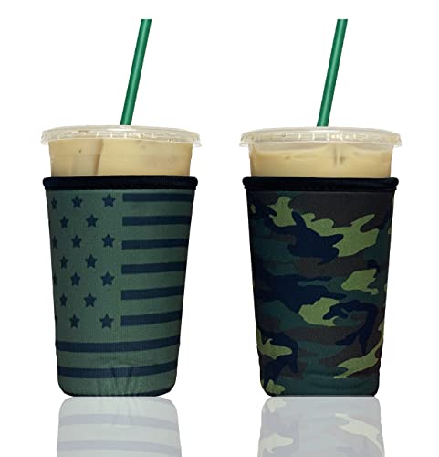Baxendale and Co Reusable Neoprene Insulator Sleeves for Iced Coffee and Cold Drink Cups (2 PK Medium 22-24oz, Green Flag) - Image 1
