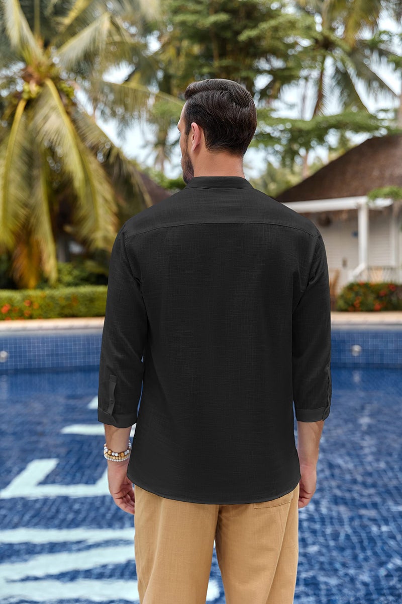 Karlywindow قميص هينلي بأكمام طويلة للرجال من كارليويندو قطن لينن مناسب للشاطئ واليوغا، أسود، كبير - Image 4