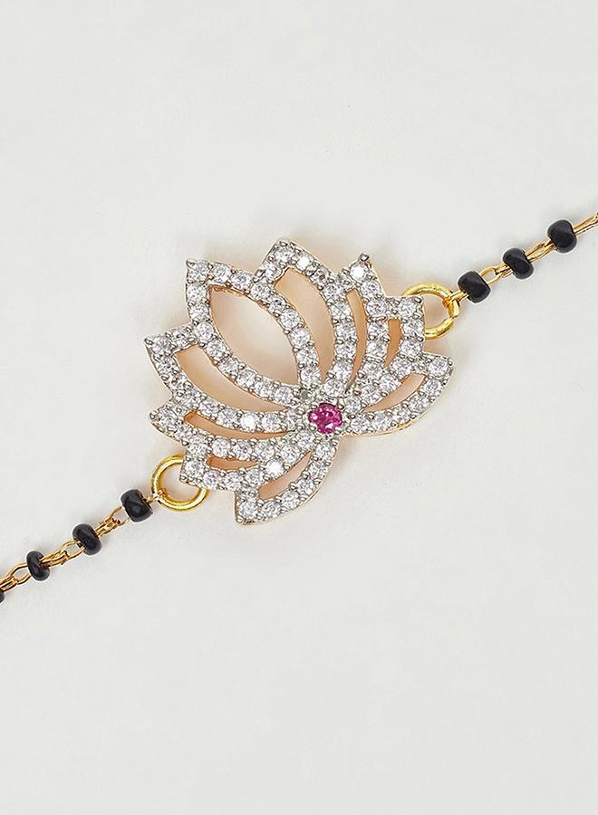 VOYLLA Shimmering Floret CZ Silver Studded Mangalsutra Bracelet with Black Beads Gold Plated Chain - Image 3