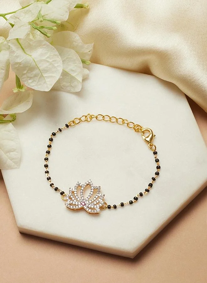 Voylla Shimmering Floret CZ Silver Studded Mangalsutra Bracelet with Black Beads Gold Plated Chain