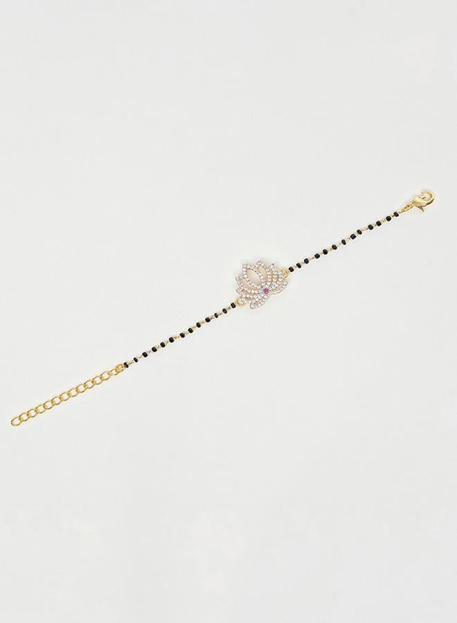 VOYLLA Shimmering Floret CZ Silver Studded Mangalsutra Bracelet with Black Beads Gold Plated Chain - Image 4