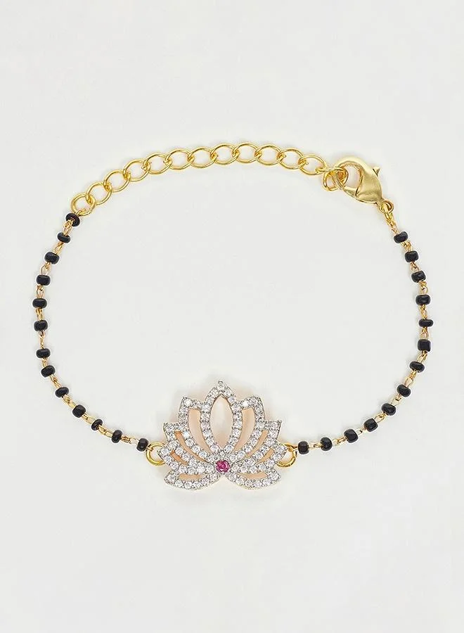 Voylla Shimmering Floret CZ Silver Studded Mangalsutra Bracelet with Black Beads Gold Plated Chain
