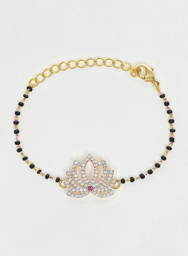 VOYLLA Shimmering Floret CZ Silver Studded Mangalsutra Bracelet with Black Beads Gold Plated Chain - Image 2
