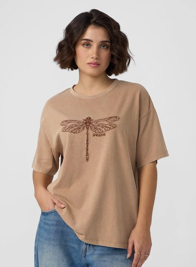 The Souled Store Brown Dragonfly Peace Oversized T-Shirt