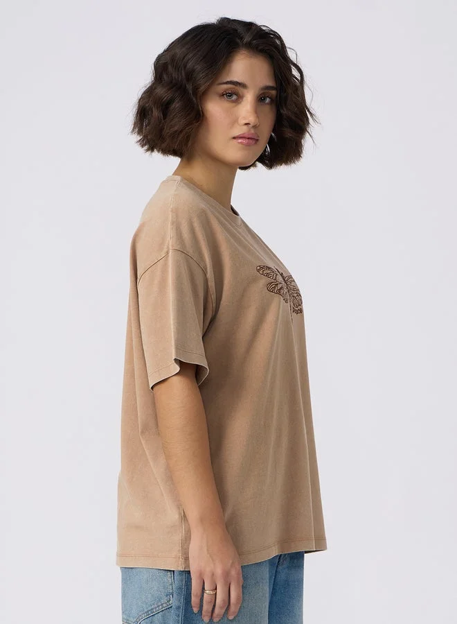 The Souled Store Brown Dragonfly Peace Oversized T-Shirt