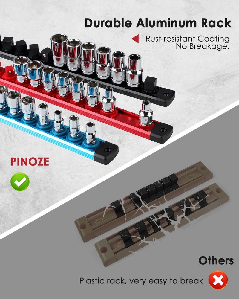 PINOZE 1/2" Magnetic Socket Holder Organizer - Aluminum Alloy Socket Rail Tray for Tool Box Drawer, Socket Rack with Extra 2Pcs Replacement Clips for Automotive Garage(Black) - Image 4