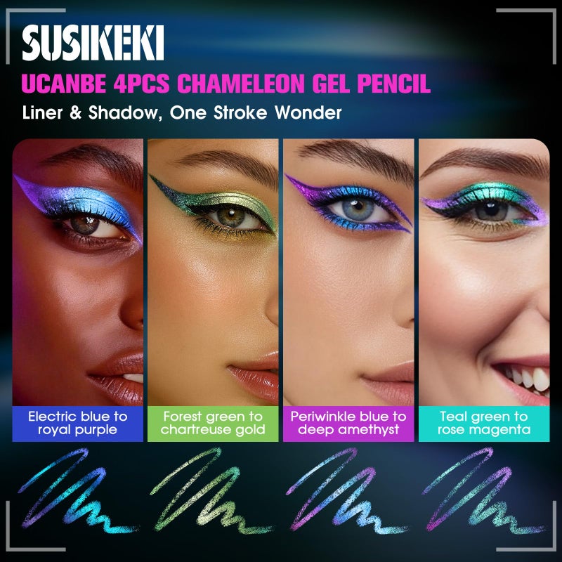SUSIKEKI 4PCS Chameleon Metallic Eyeshadow & Eyeliner Gel Pencil Set â€“ Multichrome Shifting Colors Glitter Eye Makeup, Waterproof Long-Lasting Smudge-Proof Duochrome Pencil for Multi-Dimensional Looks - Image 2