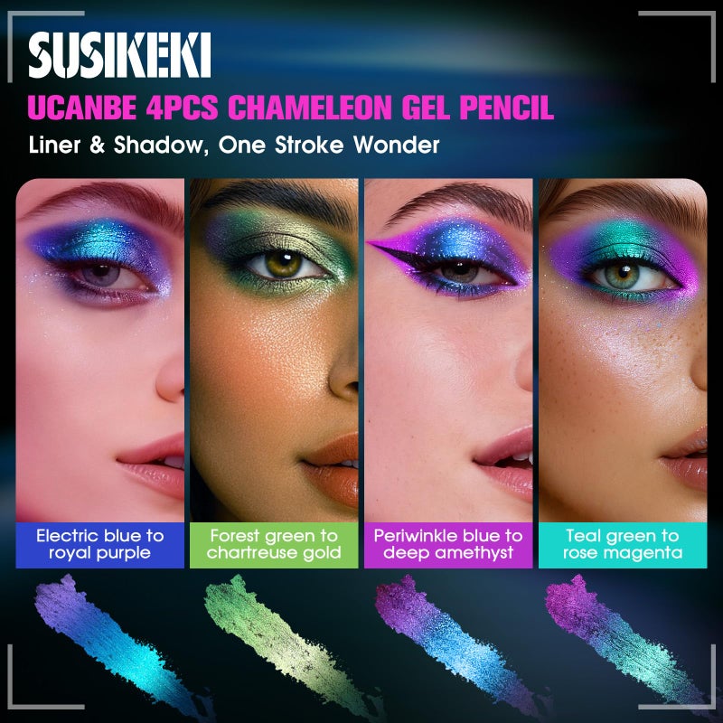SUSIKEKI 4PCS Chameleon Metallic Eyeshadow & Eyeliner Gel Pencil Set â€“ Multichrome Shifting Colors Glitter Eye Makeup, Waterproof Long-Lasting Smudge-Proof Duochrome Pencil for Multi-Dimensional Looks - Image 3