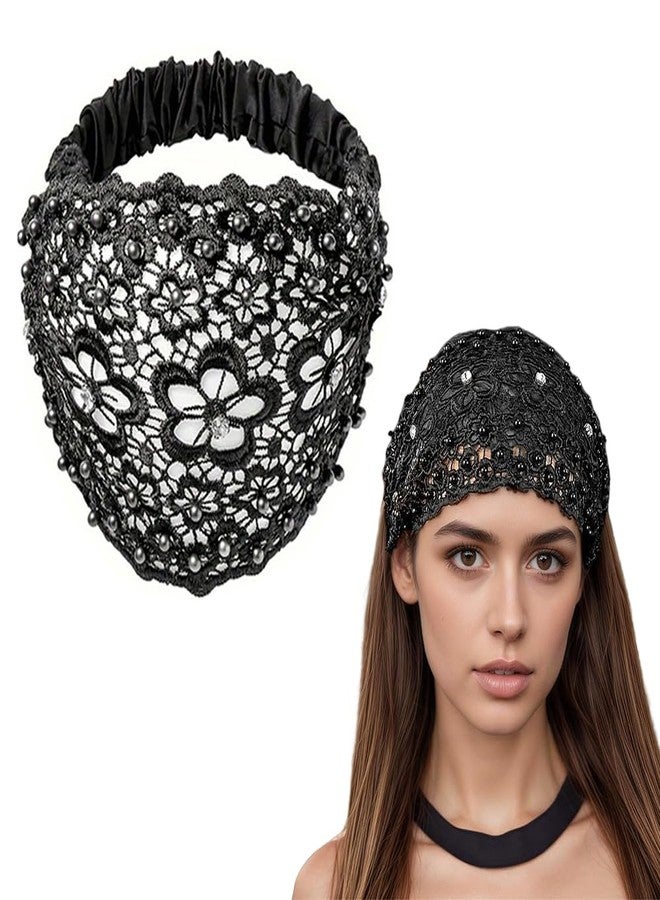 Obtheleg Hair Bands For Women, Stretchy Lace Wide Head Band For Women, Boho Chic Crystal & Pearl Embellished Hair Band, Elegant Floral Beaded Headband, Hair Accessories (Black, One size) - Image 1