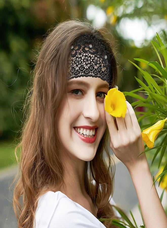 Obtheleg Hair Bands For Women, Stretchy Lace Wide Head Band For Women, Boho Chic Crystal & Pearl Embellished Hair Band, Elegant Floral Beaded Headband, Hair Accessories (Black, One size) - Image 5