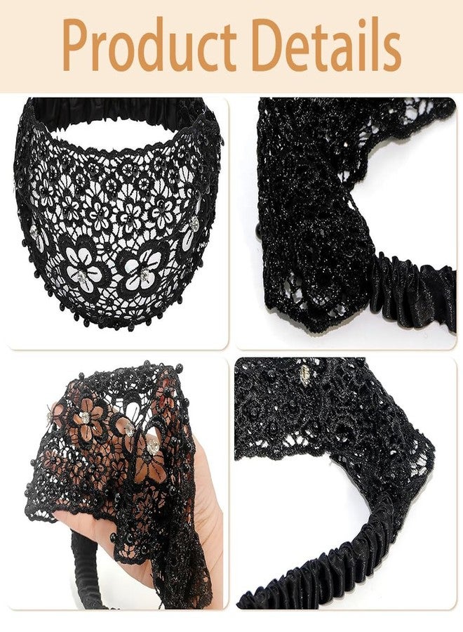 Obtheleg Hair Bands For Women, Stretchy Lace Wide Head Band For Women, Boho Chic Crystal & Pearl Embellished Hair Band, Elegant Floral Beaded Headband, Hair Accessories (Black, One size) - Image 3