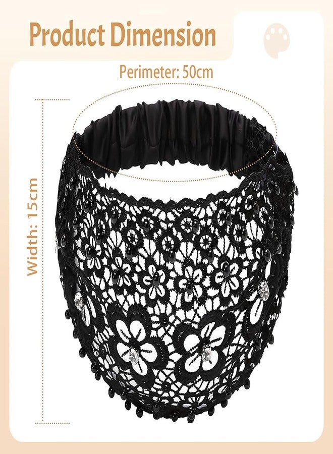 Obtheleg Hair Bands For Women, Stretchy Lace Wide Head Band For Women, Boho Chic Crystal & Pearl Embellished Hair Band, Elegant Floral Beaded Headband, Hair Accessories (Black, One size) - Image 2